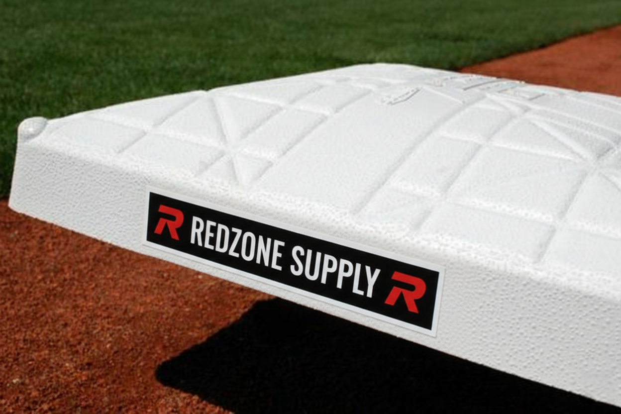 Baseball base with Redzone Supply logo on a baseball field